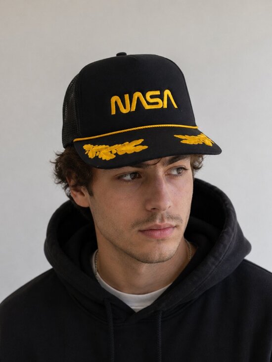 Vintage NASA Black Gold Trucker Hat Embroidered Laurel Otto Cap Snapback